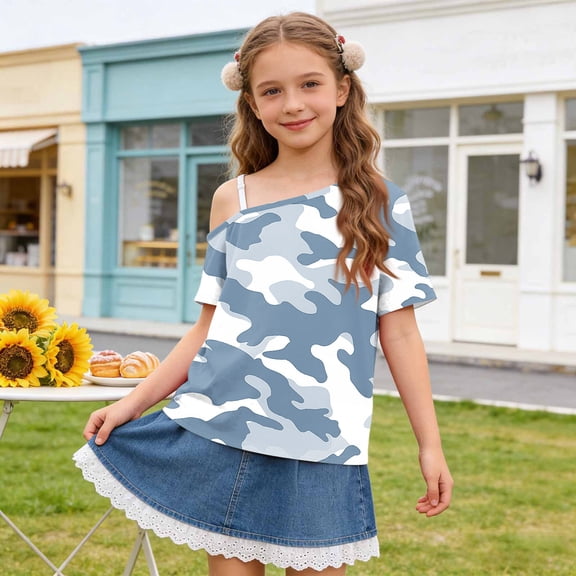 JOANKDMI Children One Shoulder T Shirts Girls 11-12 Camouflage Print Short Sleeve Tops Summer Casual Slant Neck Blouse Asymmetrical Fashion Tees Daily Holiday Wear Outfit