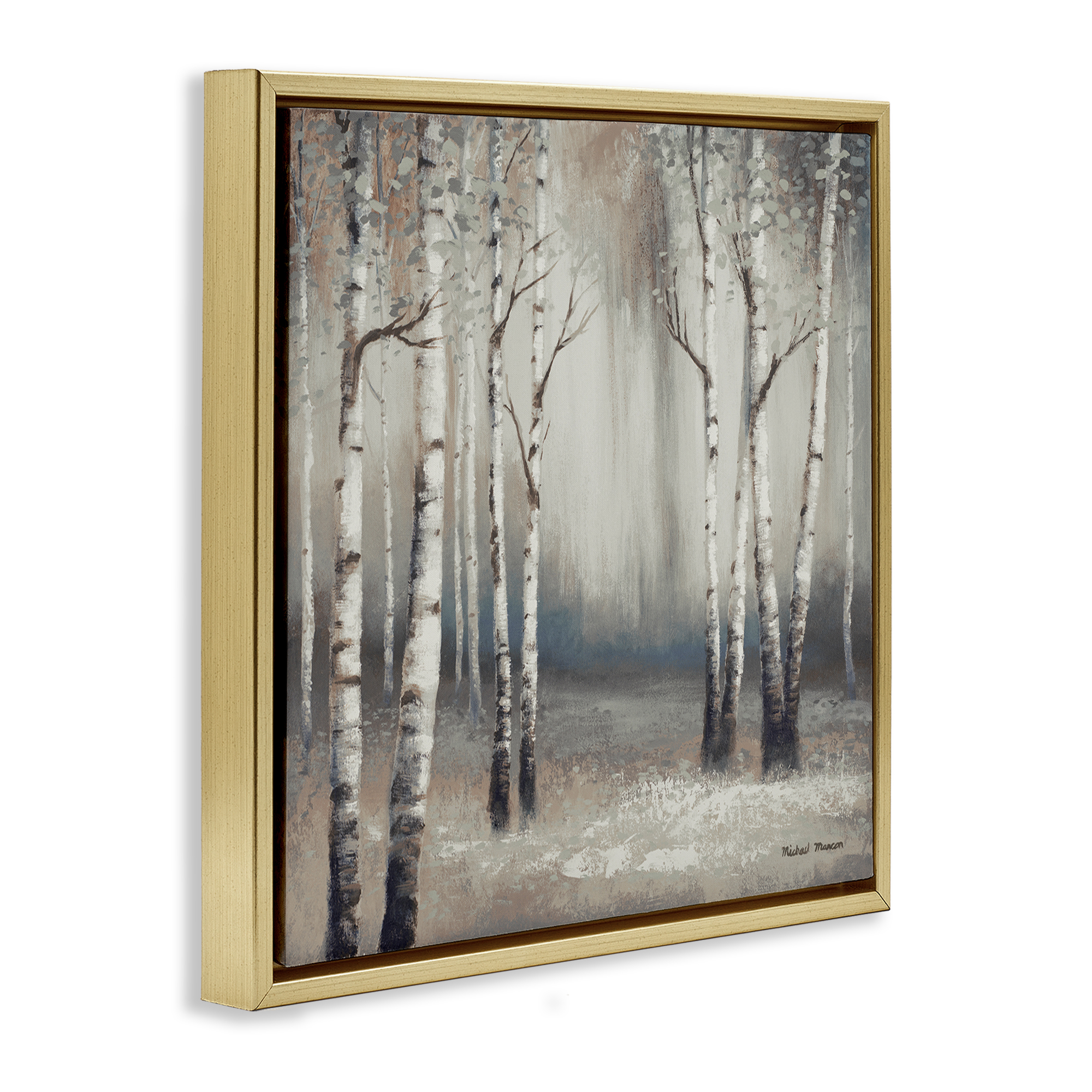 Misty Birch Tree Forest Landscape Gold Floating Frame Canvas Art, 18 x 18