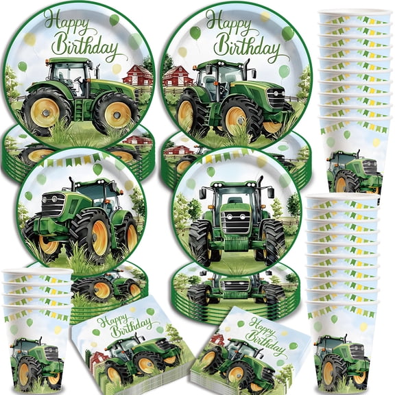 96Pcs Tractor Birthday Party Plates Napkins Cups Tableware Set, Tractor Birthday Party Decorations Supplies for Kids, Disposable Paper Green Farm Dinnerware Party Decor Serves 24