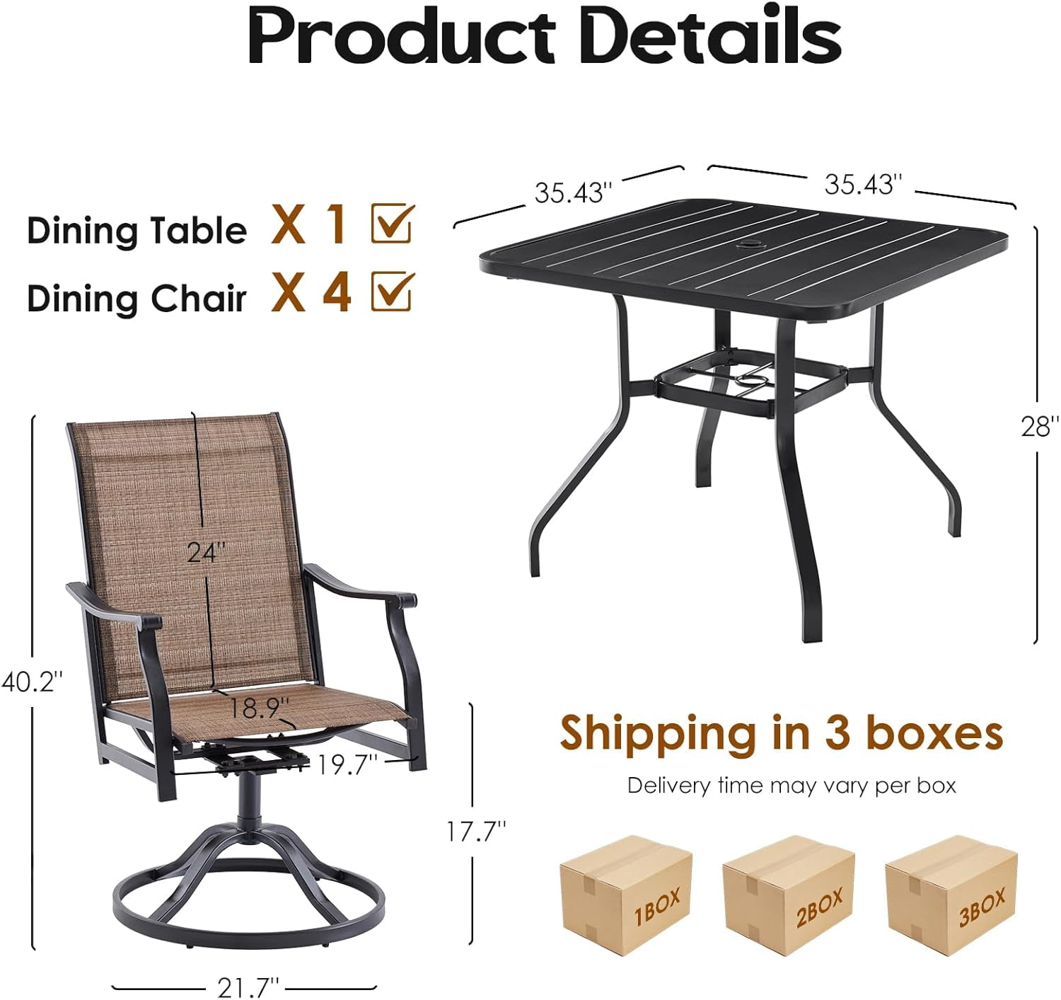 STARY Outdoor Dining Set for 4, 5-Piece Patio Table and Chairs Set, 4 x Swivel Patio Chairs with Textilene Fabric and 35"x35" Outdoor Dining Table with 1.57" Umbrella Hole for Poolside, Backyard