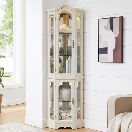 S-HOME Lighted Glass Display Curio Cabinet in White with Tempered Glass Doors and Crown Design for Living Room Storage