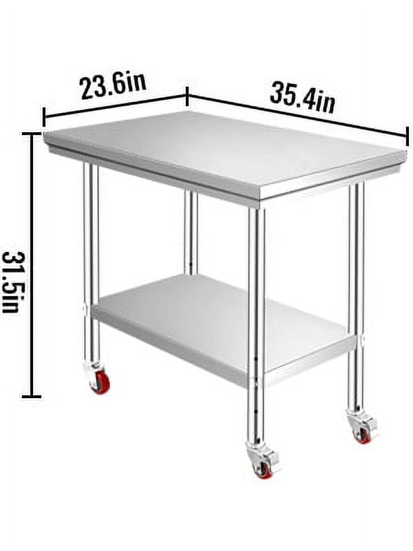 VEVORbrand Stainless Steel Work Table 36x24 Inch with 4 Wheels Commercial Food Prep Worktable with Casters Heavy Duty Work Table for Commercial Kitchen Restaurant
