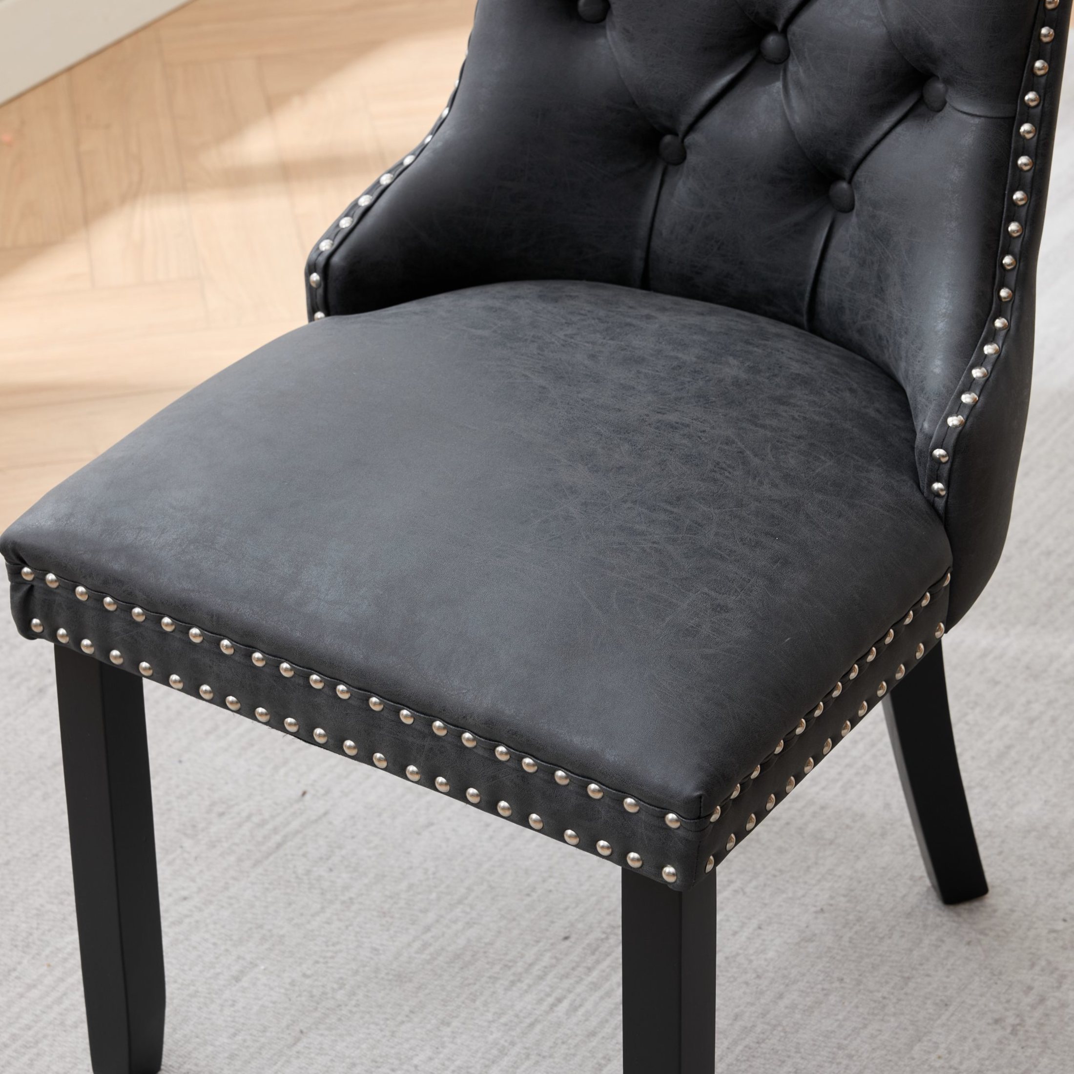 GDF Studio 24.4" Vintage Dining Chairs Set of 2 with PU Upholstery, Button-Tufted High Back, Charcoal Black