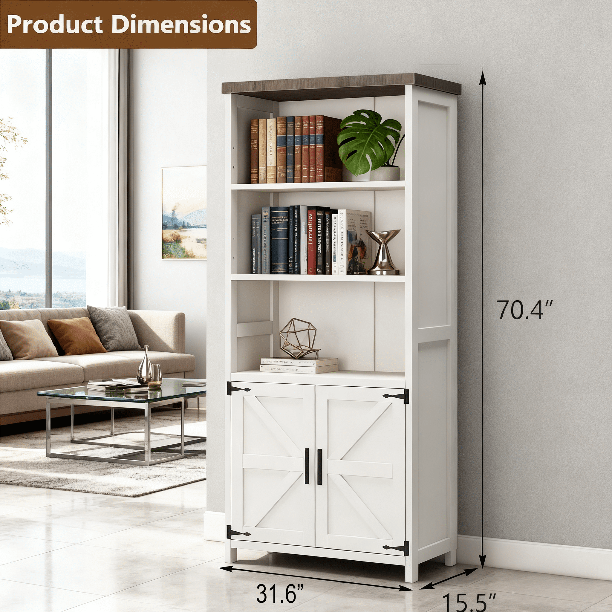 5-Shelf Farmhouse Bookshelf with Doors, 70" Rustic Display Cabinet & Large Storage for Home Office, Living Room, Bedroom, Off-White