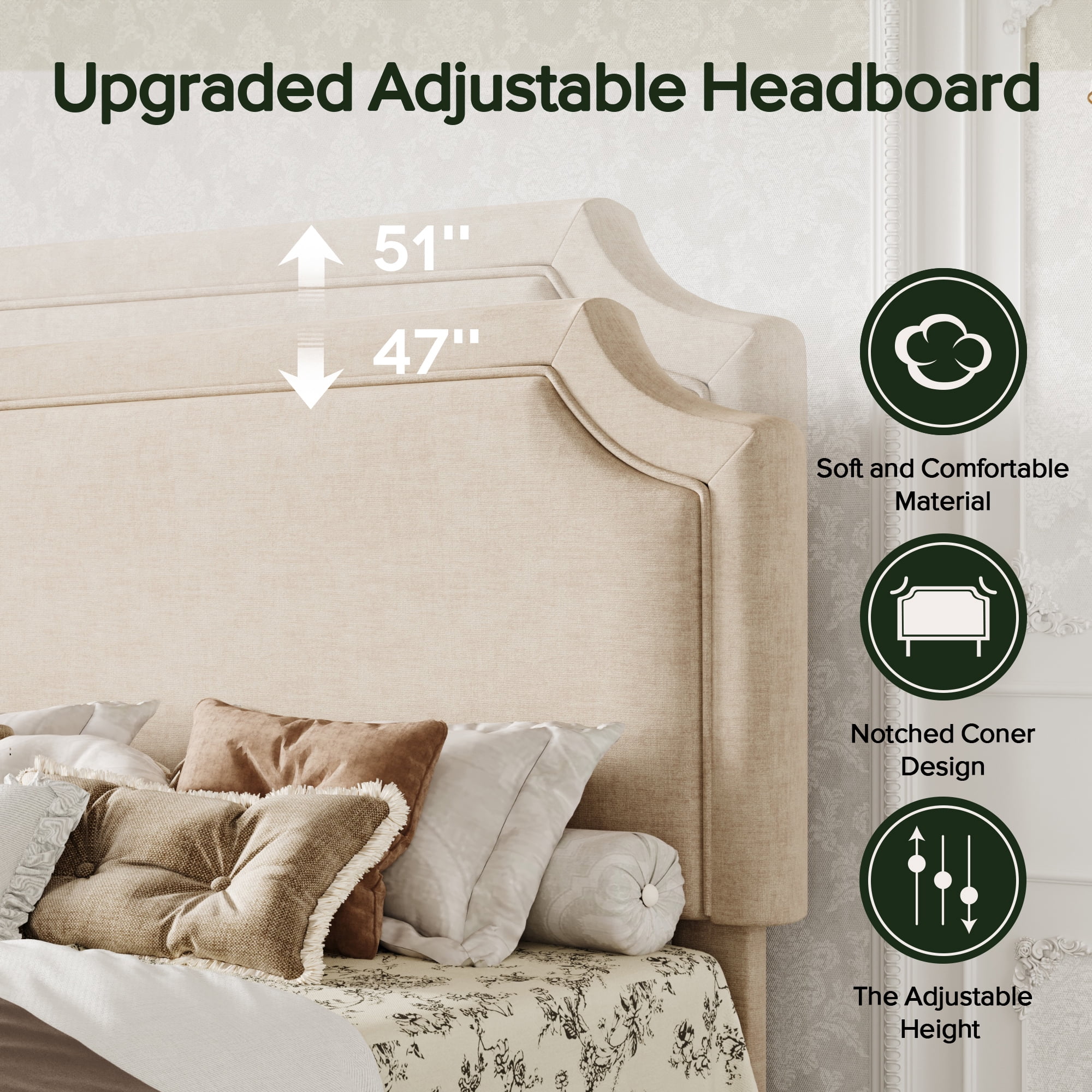 Amolife Queen Bed Frame, Upholstered Platform Bed with Streamlined Adjustable Headboard, No Box Spring Required, Beige, Chenille Fabric