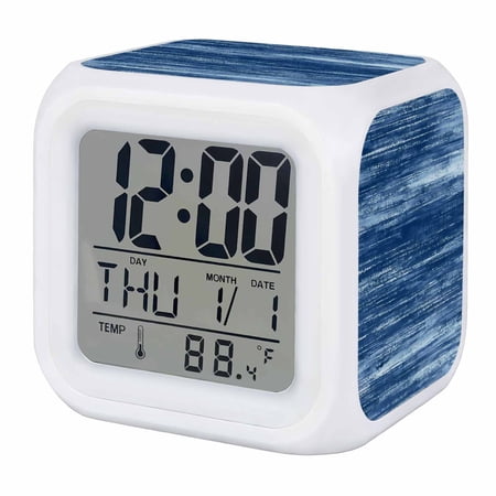 Alarm Clocks Navy Blue Digital Clock 7 Color LED Night Light Silent Non-Ticking Battery Operated Ombre Abstract Texture Cube Clocks Decorative for Bedroom Bedside Living Room Office School Decor