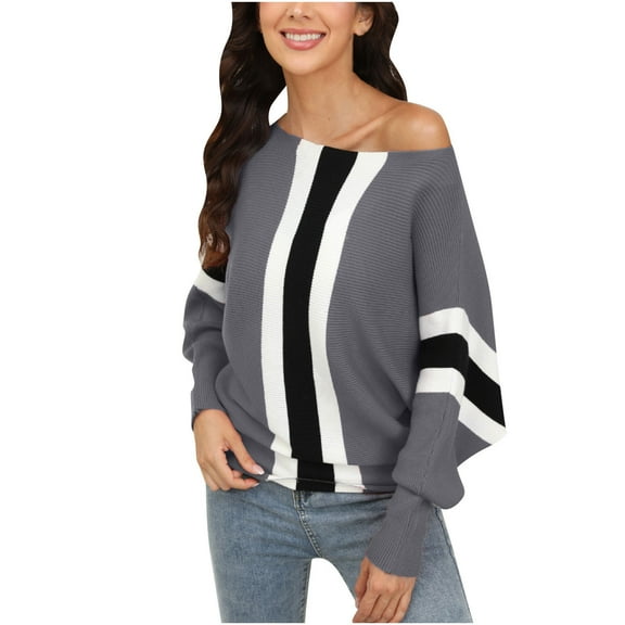 Herrnalise Women's Knitted Crop Tops Fashion Long Sleeves Round Neck Stripe Loose Tops Blouse Thread Knitted Sweater Pullover Jumper Sweaters