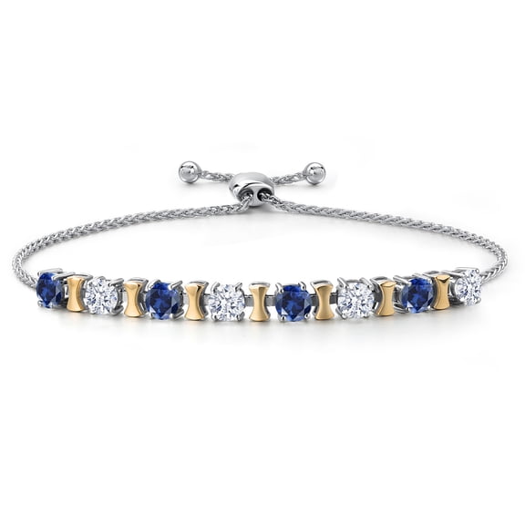 Gem Stone King 925 Silver and 10K Yellow Gold Blue Created Sapphire and White Zirconia Bracelet for Women | 2.00 Cttw | Gemstone September Birthstone | Round 4MM | Adjustable up to 9 inch
