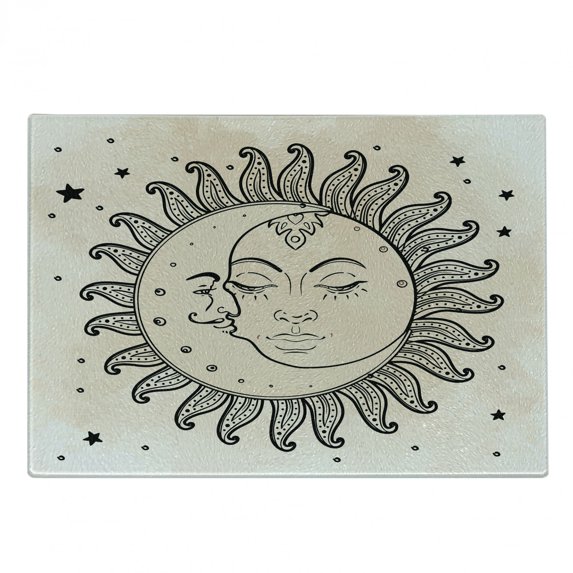Sketchy Cutting Board, Sun and Moon Celestial Composition Day`s Cycle Inspiration, Decorative Tempered Glass Cutting and Serving Board, Small Size, Charcoal Grey Tan, by Ambesonne