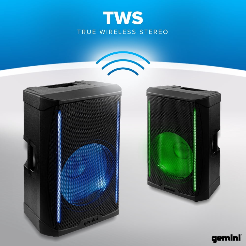 Gemini Sound GD-L115BT Powered LED Lit 1000W 2-Way Linkable Bluetooth PA Speaker with 3 Channel Mixer