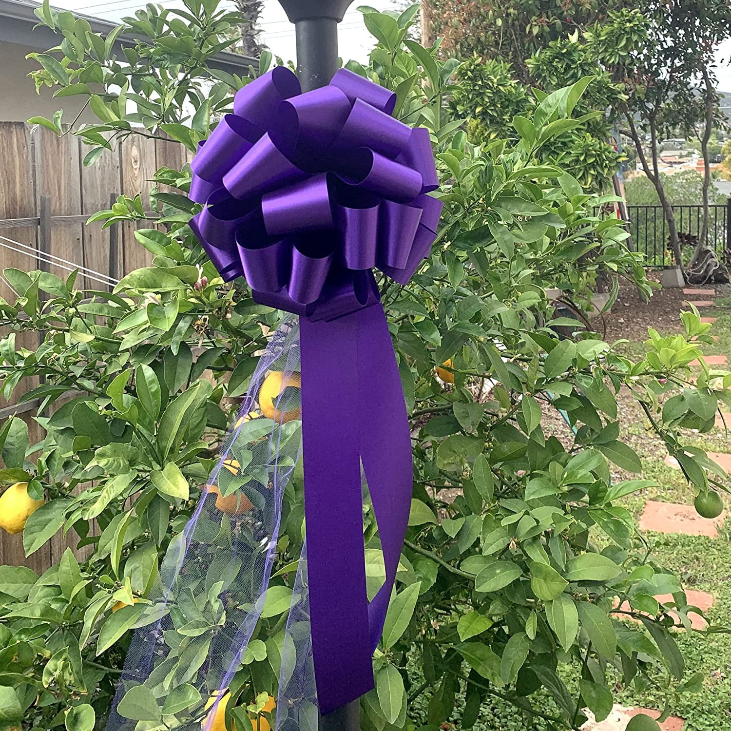 Large Purple Wedding Pull Bows with Long Tulle Tails - 9" Wide, Set of 6, Easter, Birthday, Decoration, Christmas, Mardi Gras
