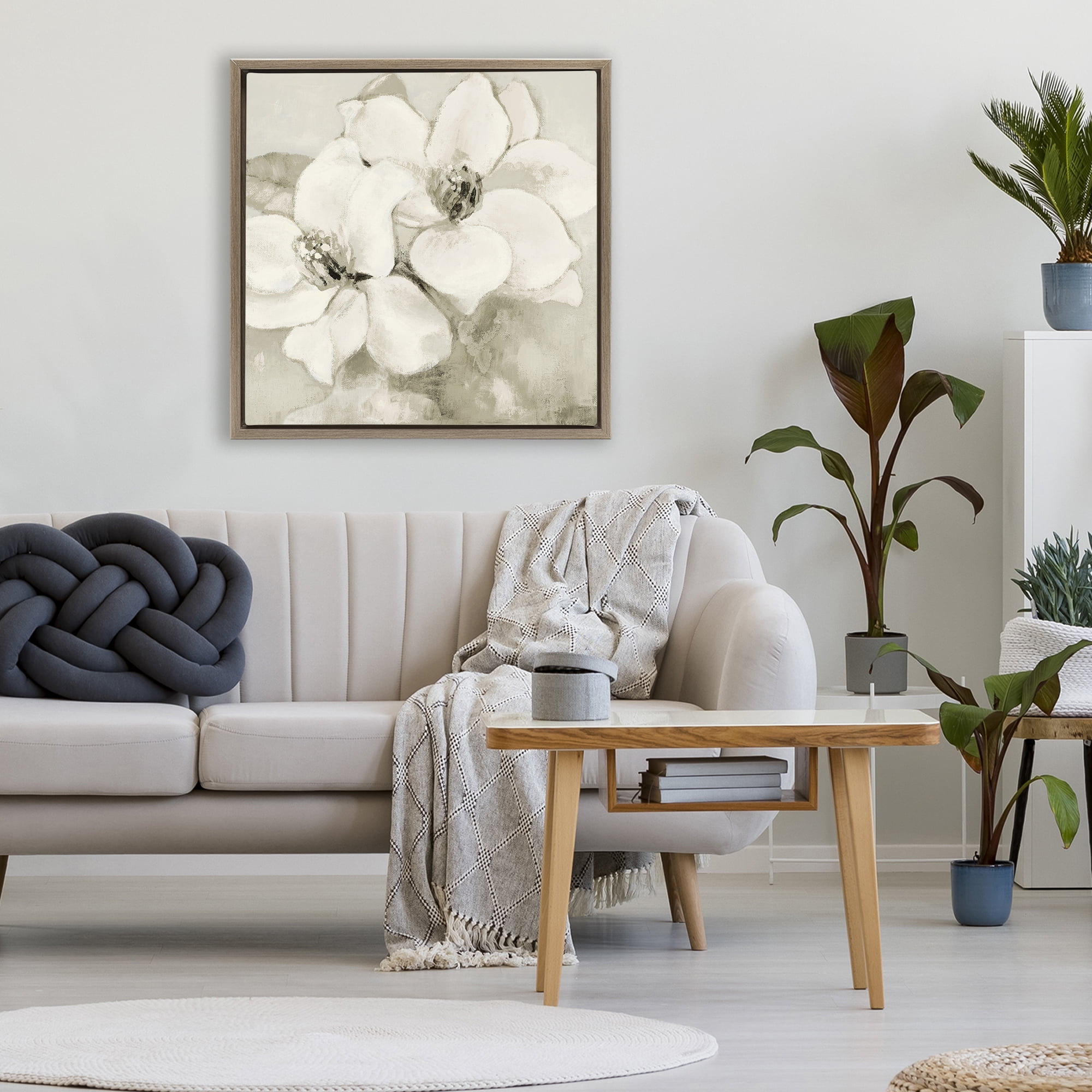 Stupell Industries Subtle Beige Magnolias Brown Framed Floater Canvas Wall Art, design by Lanie Loreth