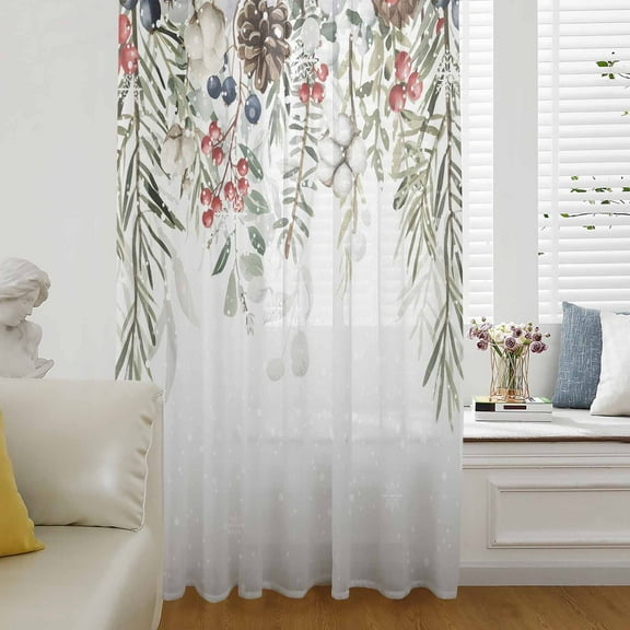 Sage Green Christmas Semi Sheer Curtains Drapes for Living Room,Bedroom,French Doors Window 54 Inches Long,Weeping Xmas Berry Floral Snowflake Rod Pocket Chiffon Curtain Voile Drapery Panel