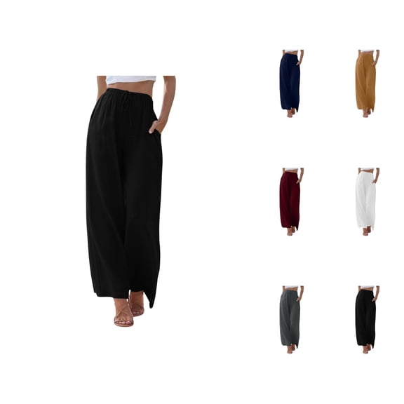 Cotton Linen Pants Women Elastic High Waist Wide Straight Leg Flowy Palazzo Pants with Pockets Beach Lounge Trousers