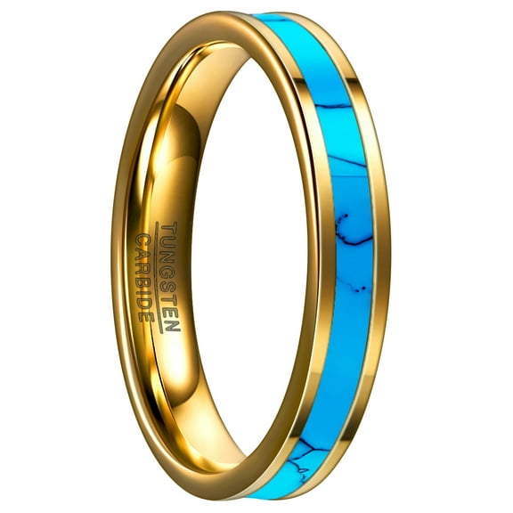 4MM Thick Gold Inlaid Turquoise Tungsten Steel Ring Size 5-14