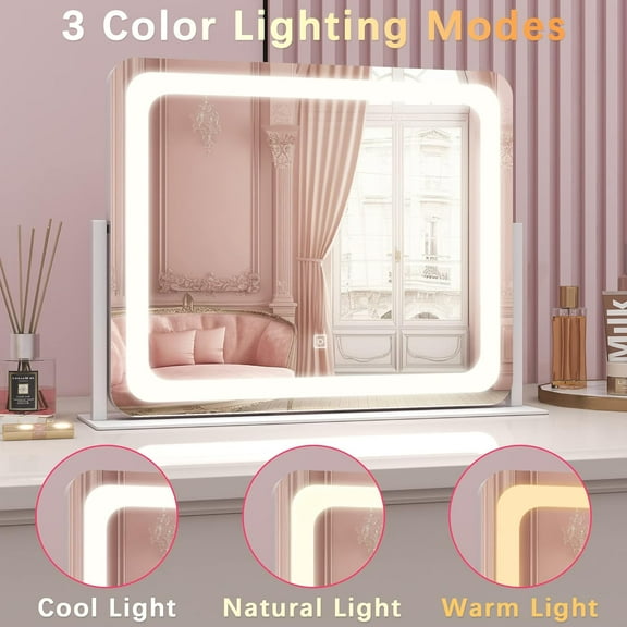22x19 Inch Lighted Vanity Mirror with Dimmable LED Lights - 3 Color Modes,  Touch Control & 360° Rotating Base - Desk Makeup Mirror (White)