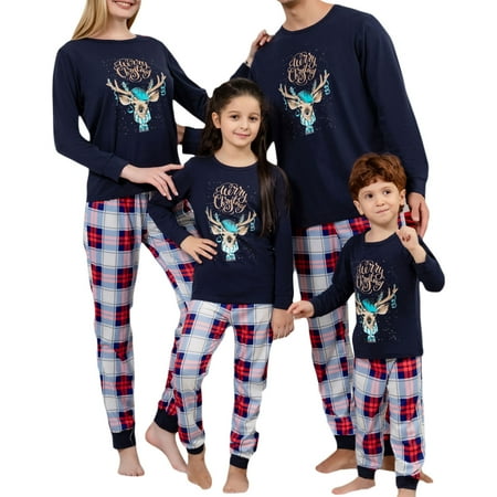 

Family Matching Christmas Pajamas Set Cartoon Elk Head Print Tops + Plaid Pants Xmas Jammies Sleepwear