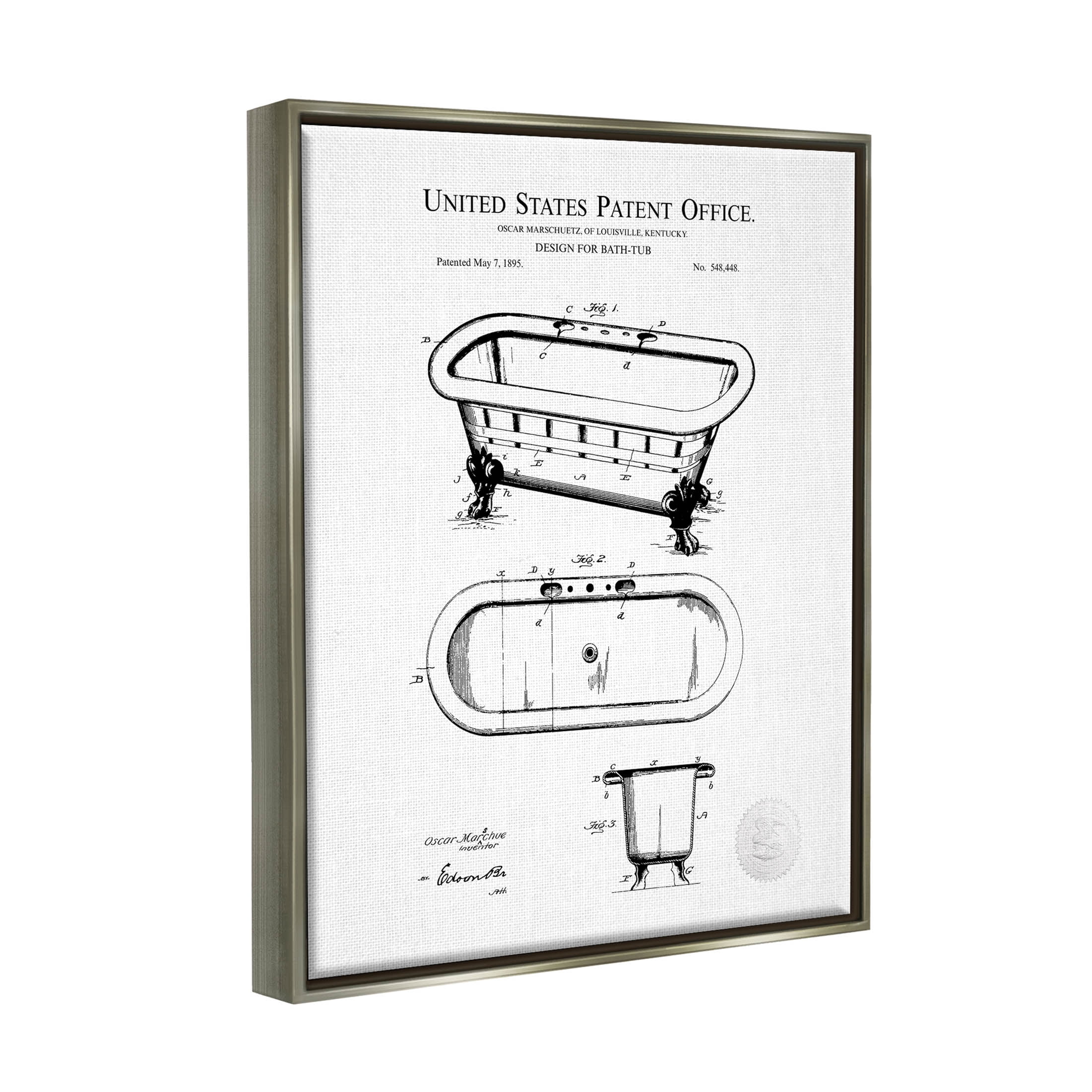 Stupell Industries Vintage Claw Tub Patent Graphic Art Luster Gray Floating Framed Canvas Print Wall Art, Design by Karl Hronek