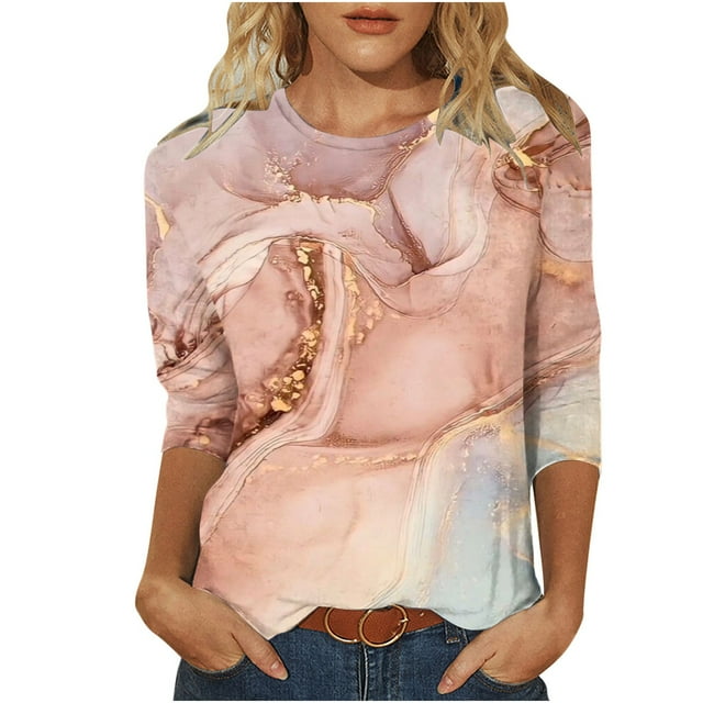 FAIWAD Femmes Bloc de Couleur 3/4 Chemises Col Rond Blouses Décontractées Élégantes Grande Taille Tunique de Sortie