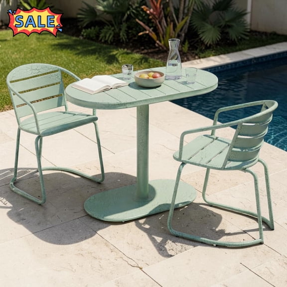 Tcbosik Bistro Table and Chairs Set of 2, 3 Piece Metal Outdoor Furniture Set, Oval Table and 2 Armchairs for Balcony, Backyard, Garden, Porch, Green