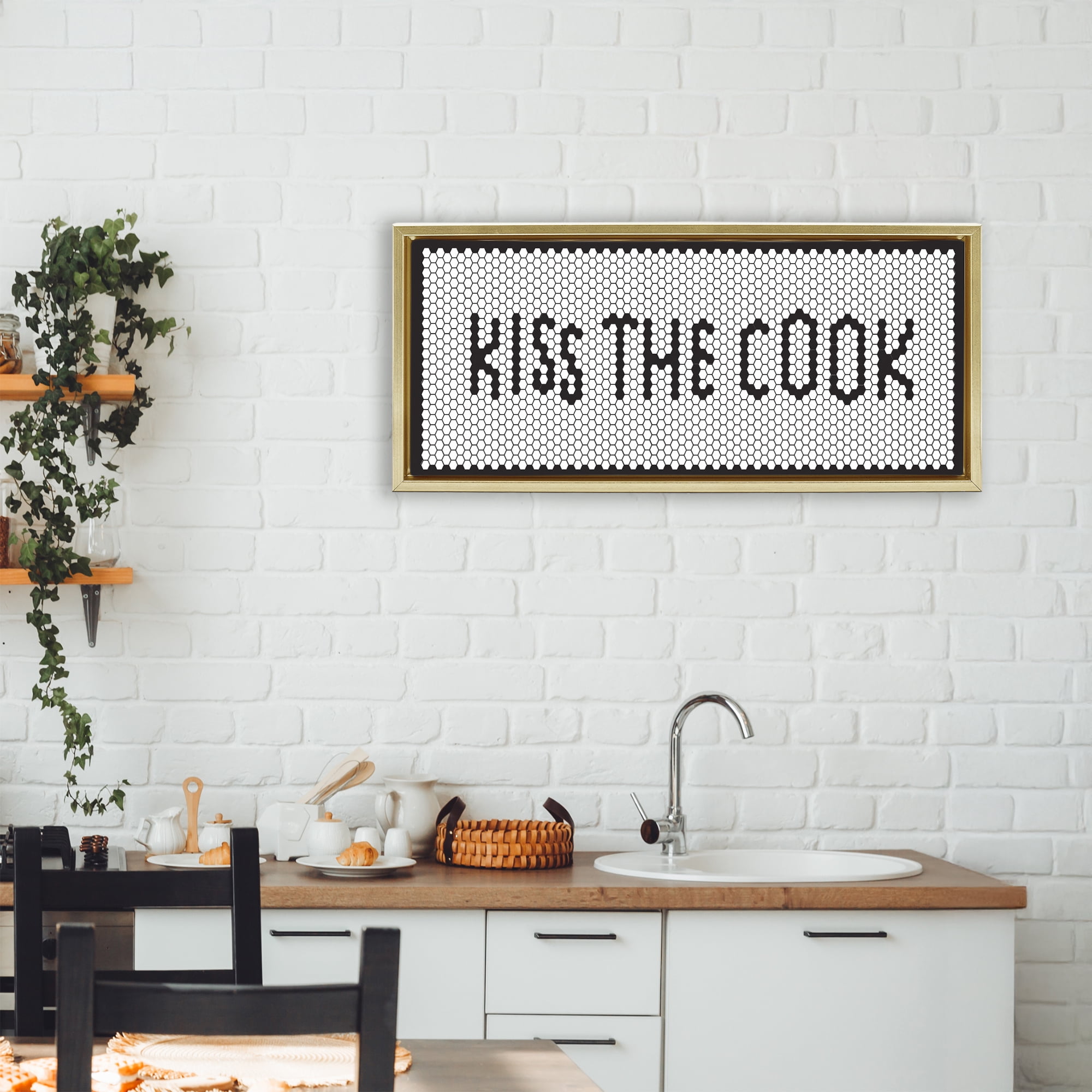 Stupell Industries Retro Kiss The Cook Gold Framed Floater Canvas Wall Art, design by Elizabeth Medley