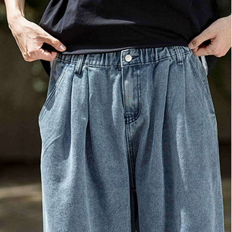 Blue Men Fashion Casual Plus Size Loose Elastic Waist Jeans Street Wide Leg  Trousers Pants