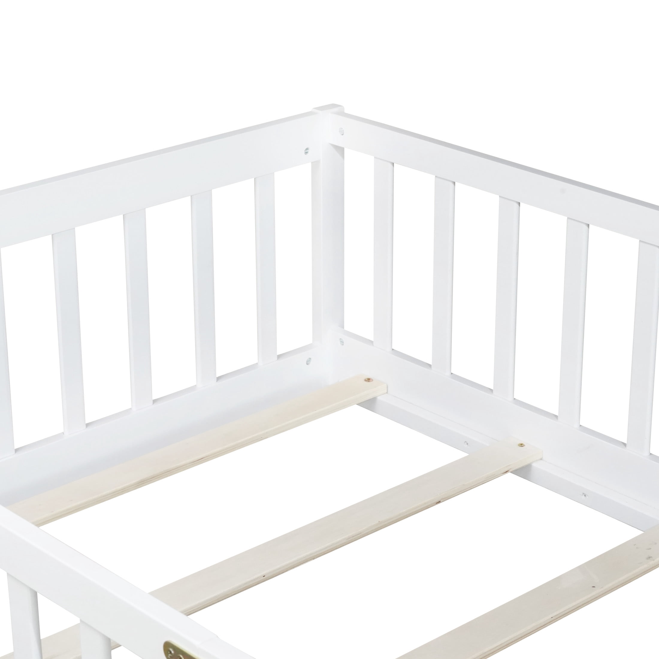 Noble House Twin Floor Bed with Safety Guardrails and Door, Rubber Wood Montessori Bed, Kid's Room, White