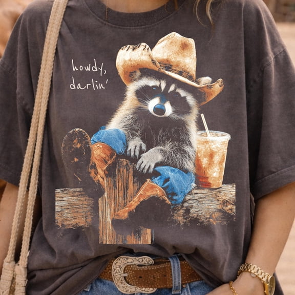 Funny Western Raccoon Tshirt Howdy Darlin Shirt Design Cute Cowgirl Animal Clipart Halftone Rodeo Aesthetic Graphic Country Vintage Tee