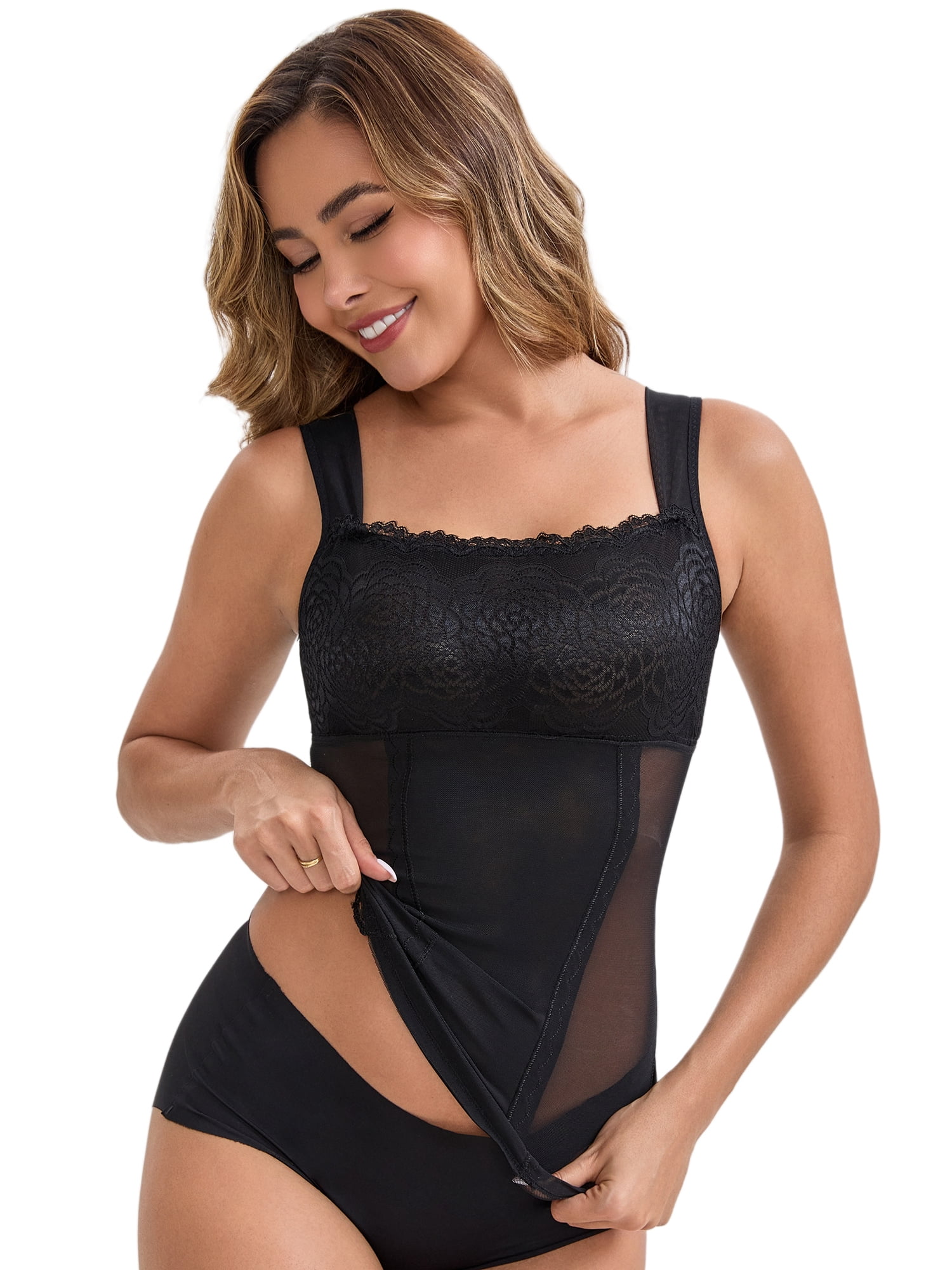 DARING DIVA Women's Lace Sheer Square Neck Waist Control Tank Tops S Black