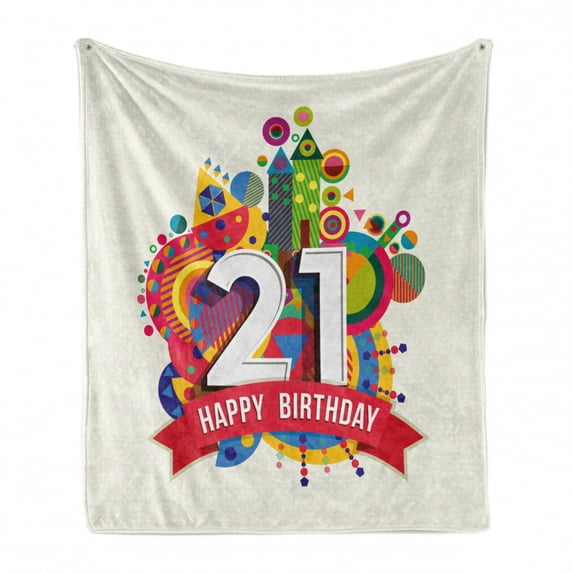 21st Birthday Soft Flannel Fleece Throw Blanket, Colorful Design Happy Birthday Themed Image with Geometrical Castle Print, Cozy Plush for Indoor and Outdoor Use, 50" x 60", Multicolor, by Ambesonne