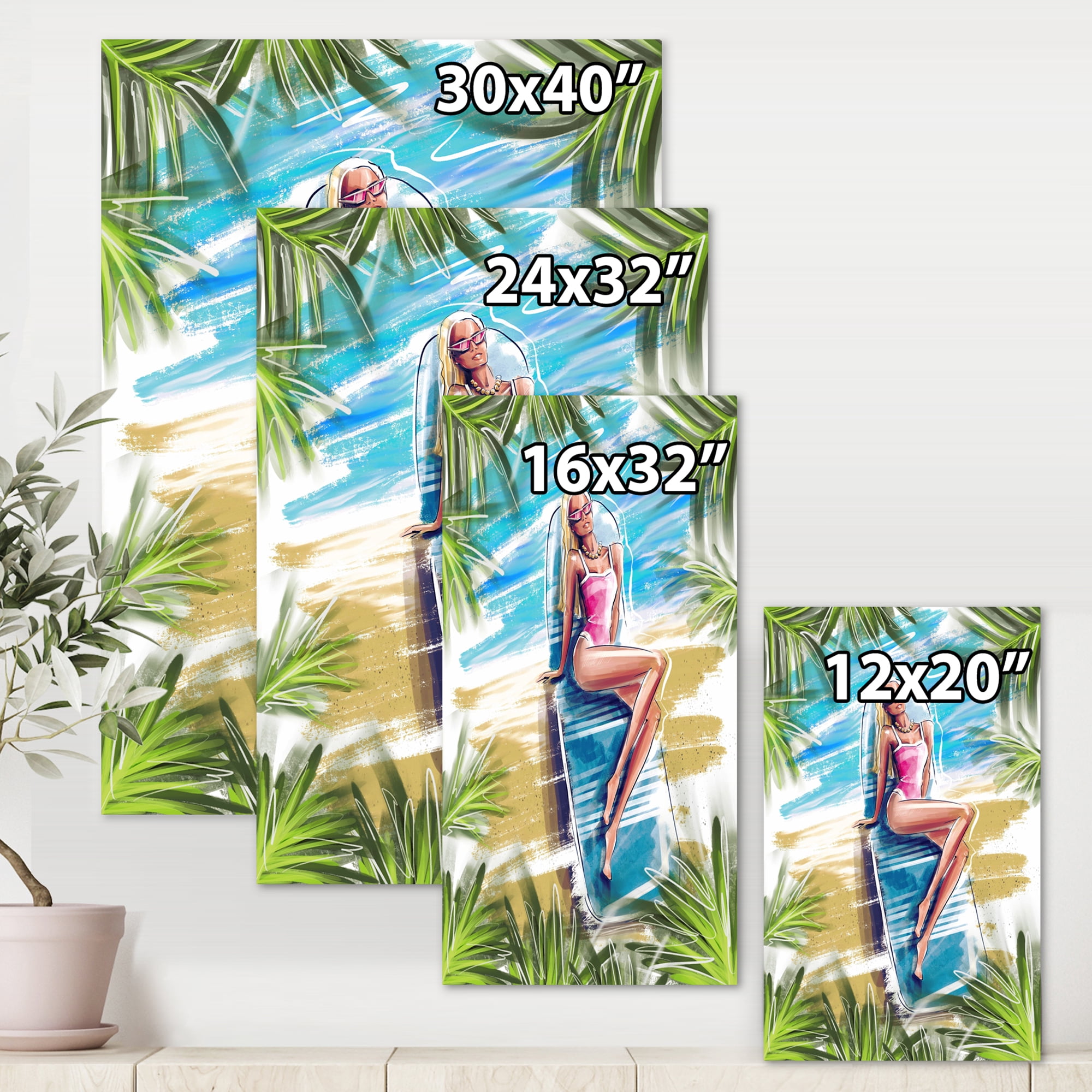 Portrait Beautiful Blond Model At The Beach Sunbathing 8 in x 12 in Painting Canvas Art Print, by Designart