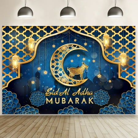 Image of 5x3ft Blue Eid AL Adha Mubarak Ramadan Backdrop Ramadan Banner Lanterns Mosque Silhouette Gold Moon Stars Islam Background for Photography Eid Party Supplies Festival Party Decorations