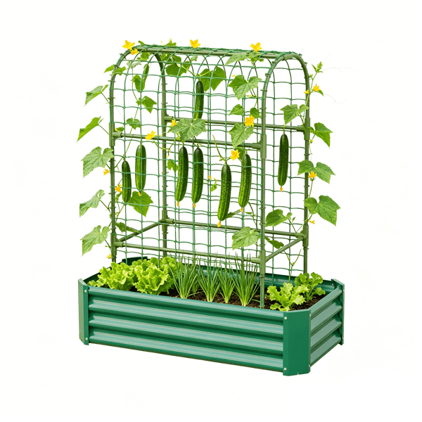 2 in 1 Raised Garden Bed with Trellis, 59" Tall Arch Planter Box for Climbing Plants, Outdoor Galvanized Metal Gardening Bed for Vegetables, Fruits, Flowers (Green, 4x2x1 Ft)
