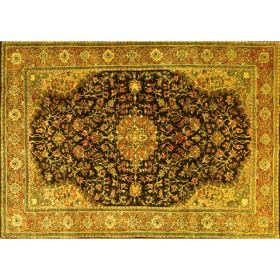 Ahgly Company Machine Washable Indoor Rectangle Medallion Yellow Traditional Area Rugs, 5' x 7'