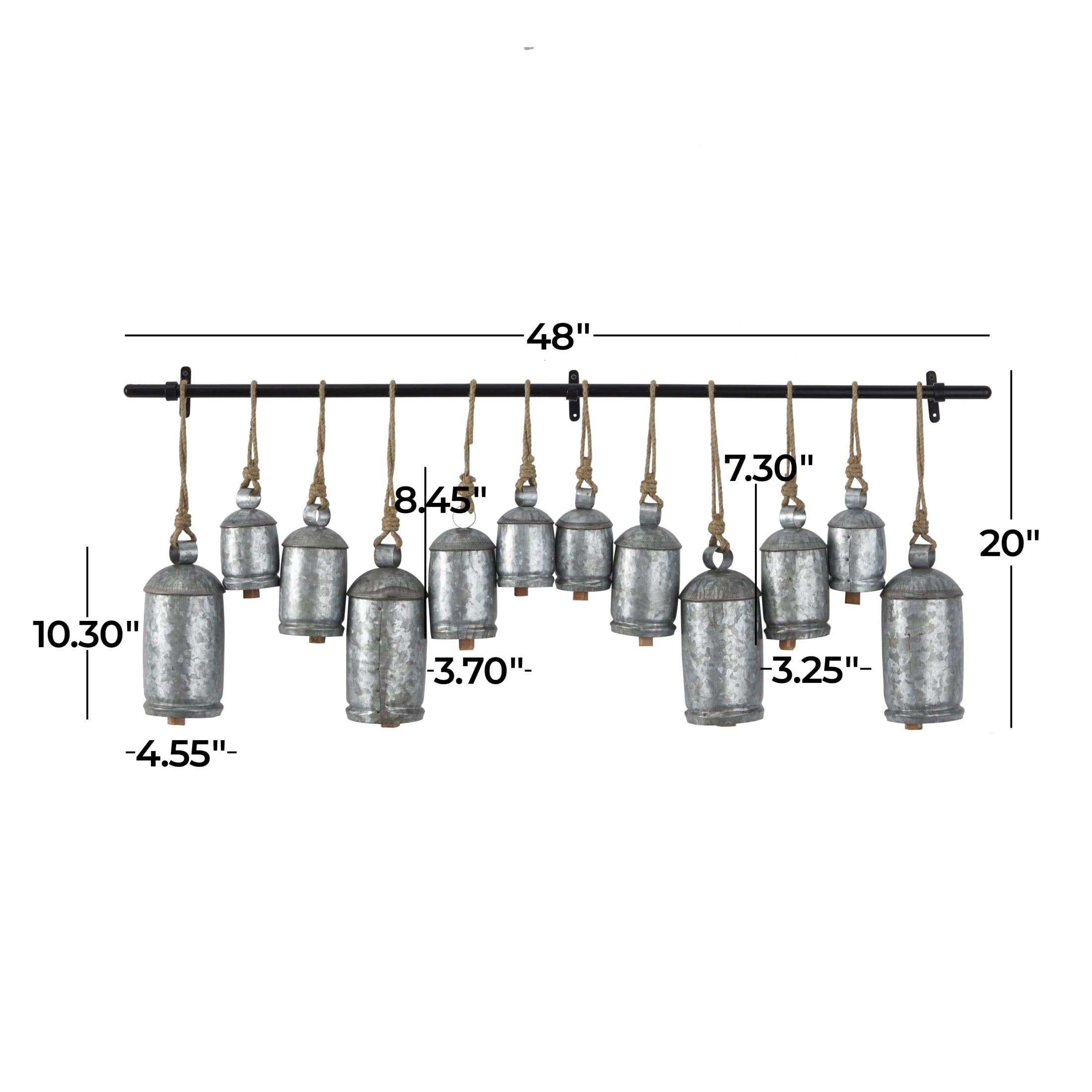 DecMode Tibetan Inspired Silver Metal Cylindrical Decorative Cow Bells with 12 Bells on Jute Hanging Rope and Metal Rod