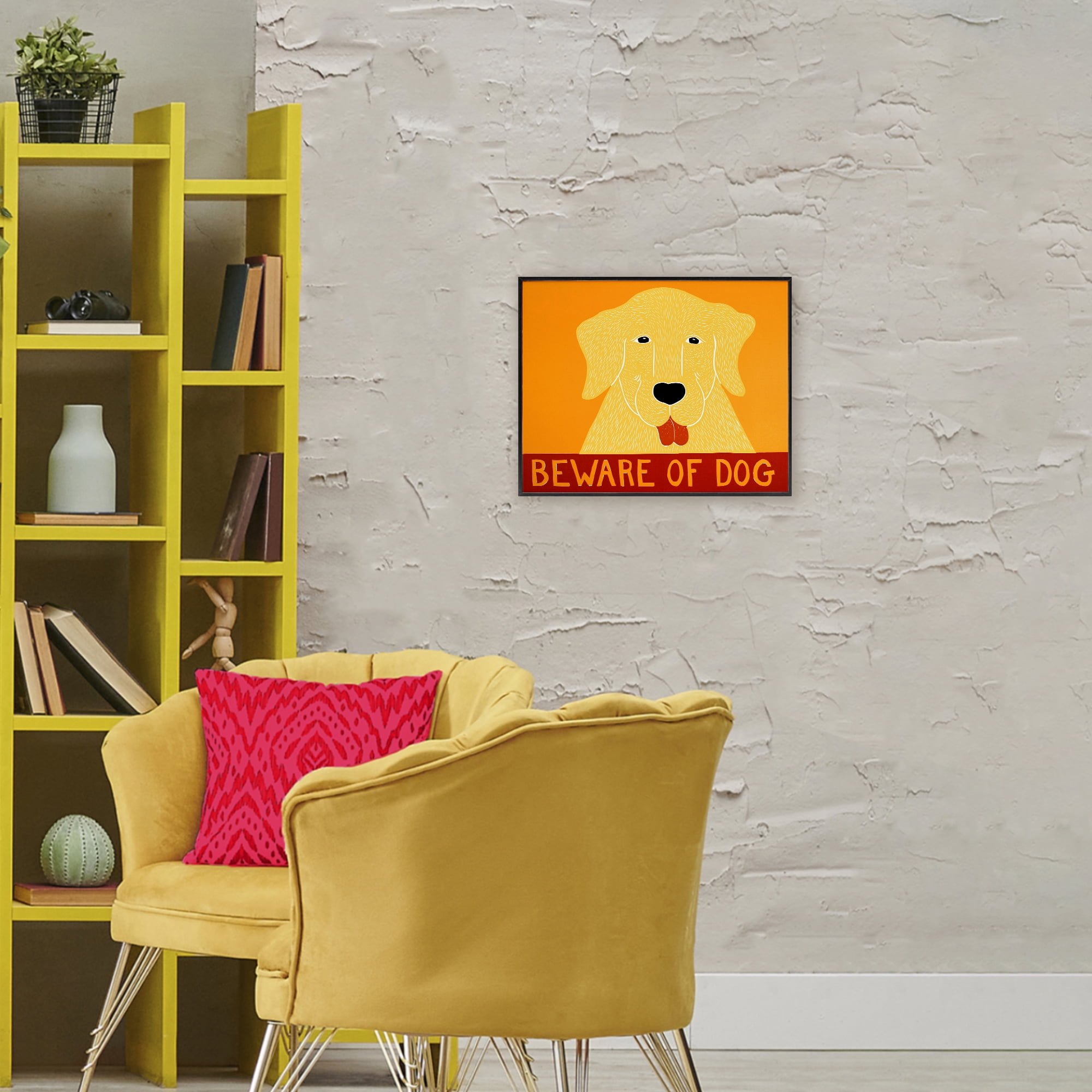 Beware Of Dog Yellow & Red Black Framed Giclee Art, design by Stephen Huneck