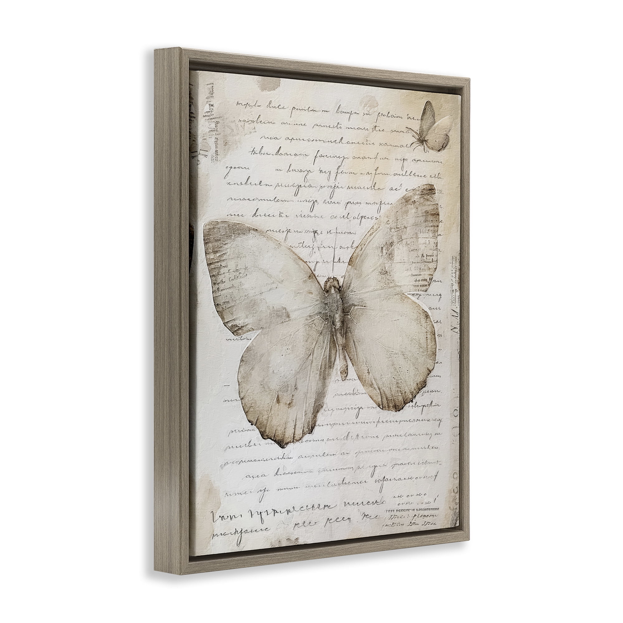 Stupell Industries Butterfly & Vintage Cursive Animals Painting Brown Floater Framed Canvas Art Print Wall Art, 17 x 21