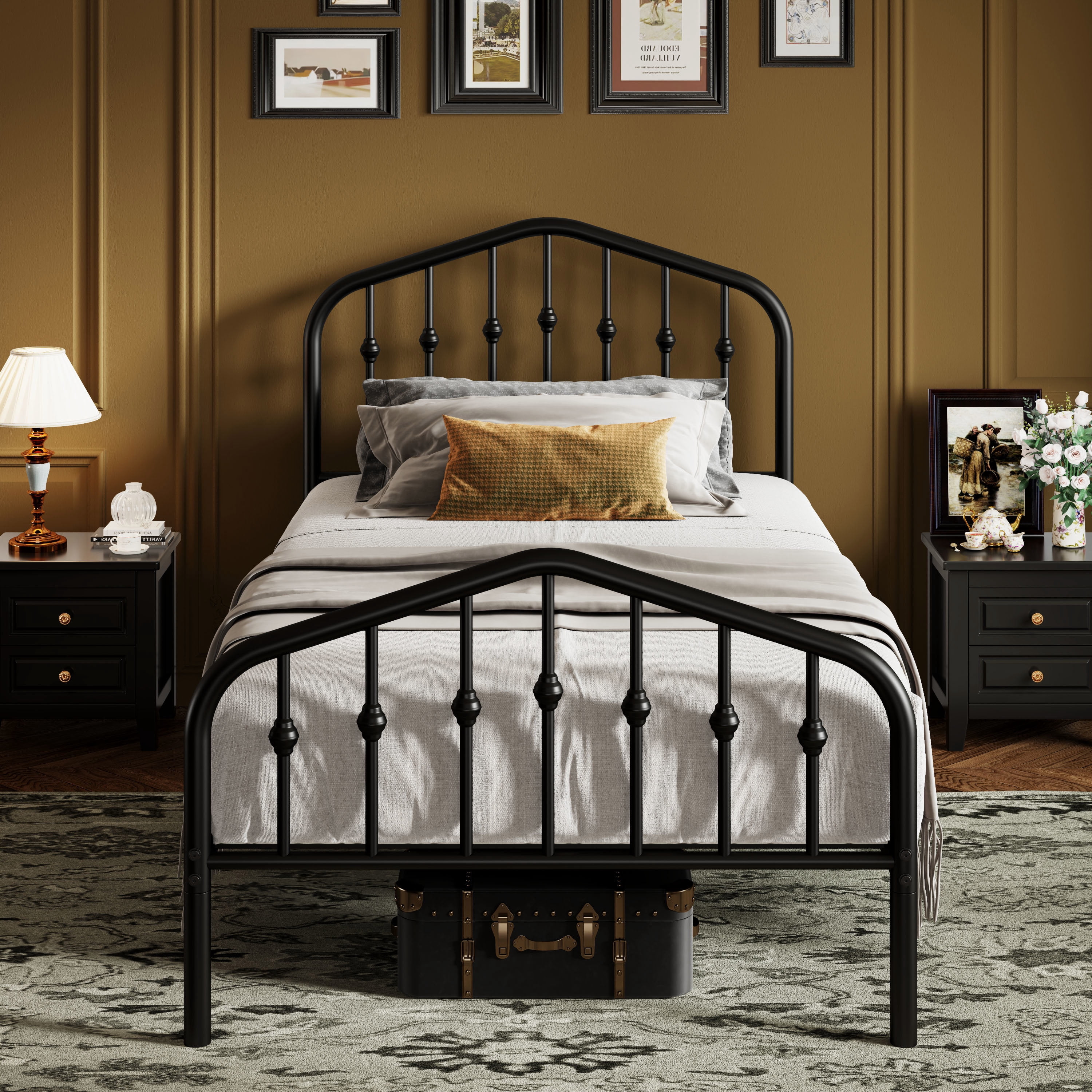 Sifurni Twin Size Bed Frame, Heavy Duty Metal Platform Bed with Vintage Victorian Headboard & Footboard, Black