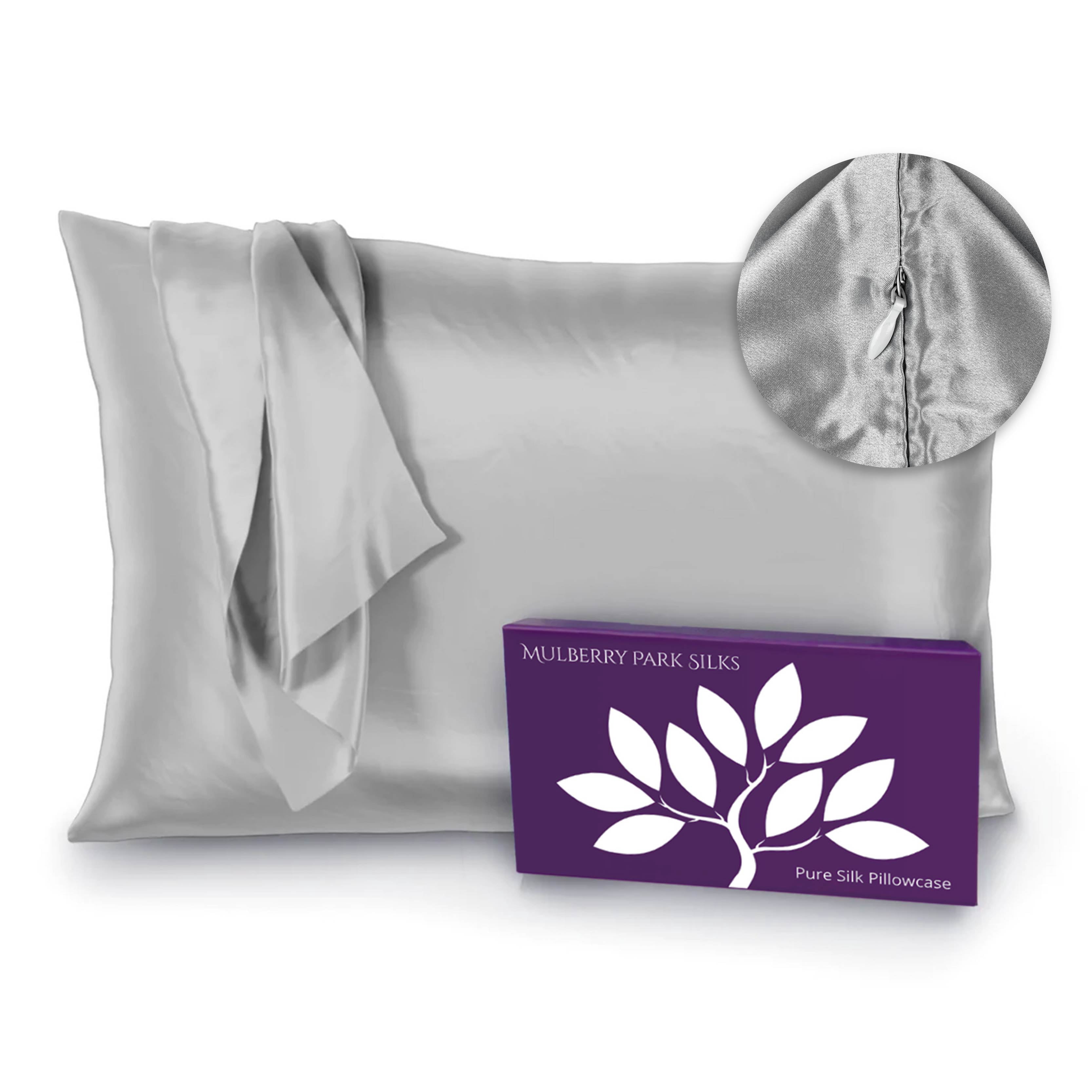 Mulberry Park 100% Silk Pillowcase - 22 Momme, Grade 6A Mulberry Silk - Hidden Zipper Closure - Silver/Queen (20" x 30")