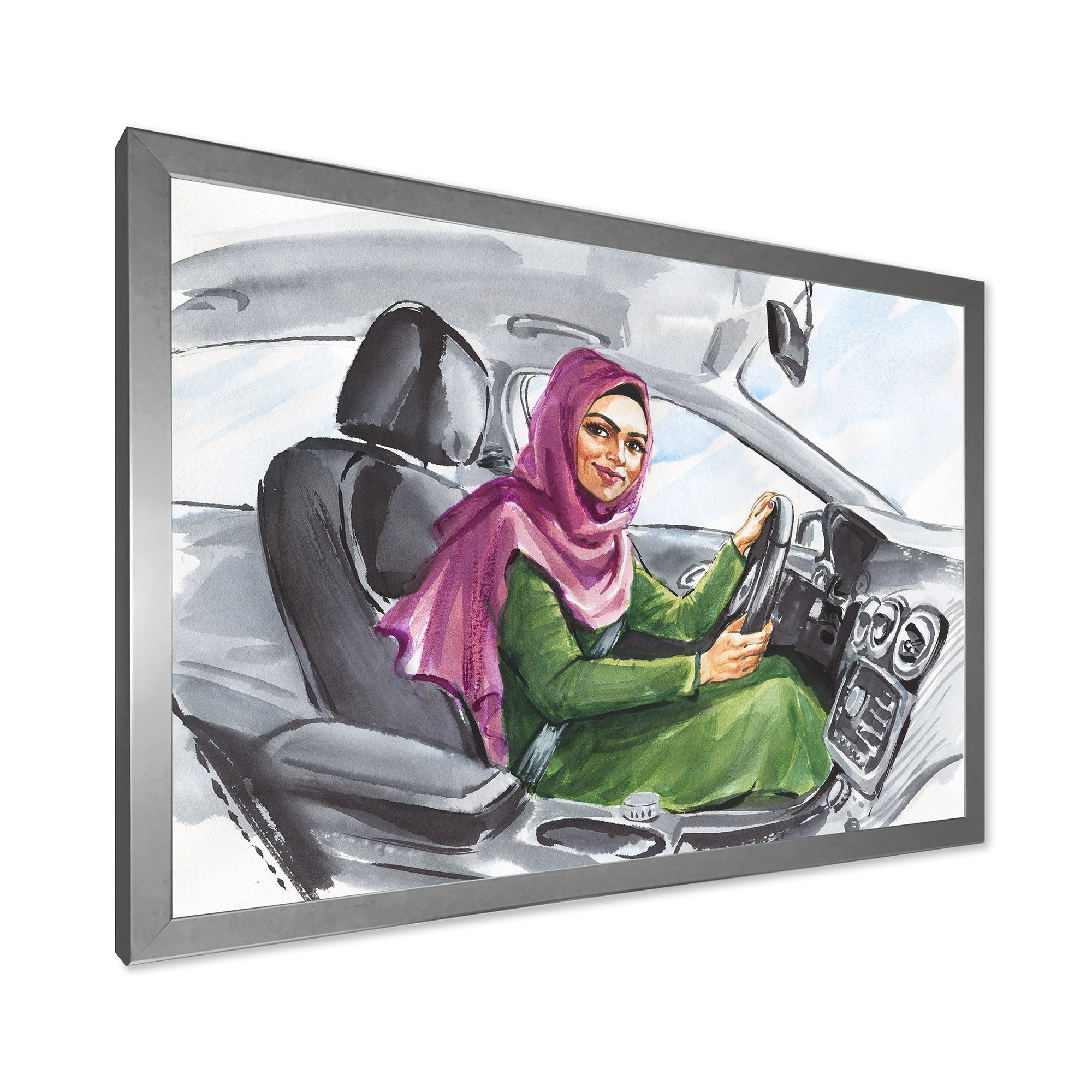 Designart 'Arabian Lady Driving A Car II' Modern Framed Art Print