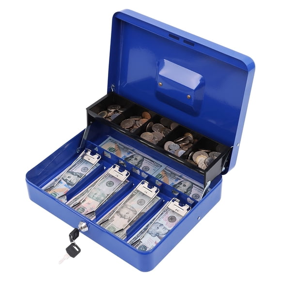 xydled Caja de efectivo de metal con bandeja para dinero y caja de almacenamiento con cerradura para llaves, azul, 4 ranuras para billetes/5 monedas, 11,8" x 9,5" x 3,5" azul