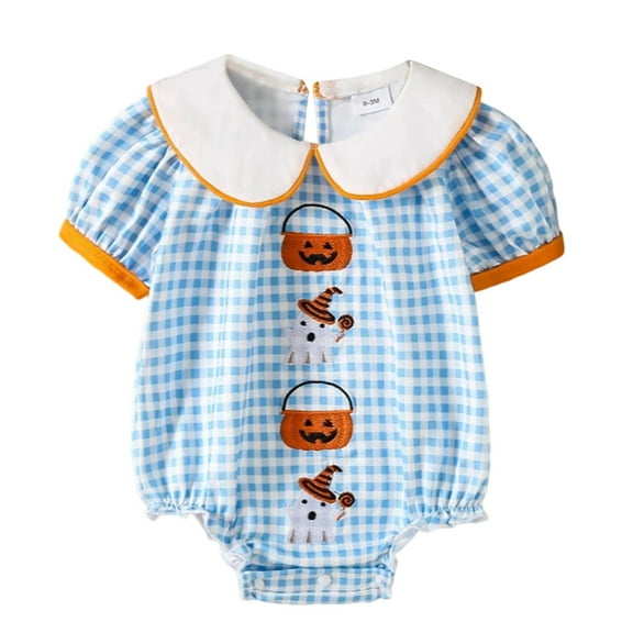 WERYOUNG Girls Boys Onesie Fashion New Plaid Printed Pumpkin Embroidery Peter Pan Collar Short Sleeve Halloween Bodysuit Infant Classic Outing One-Pieces,Blue,9-12 Years
