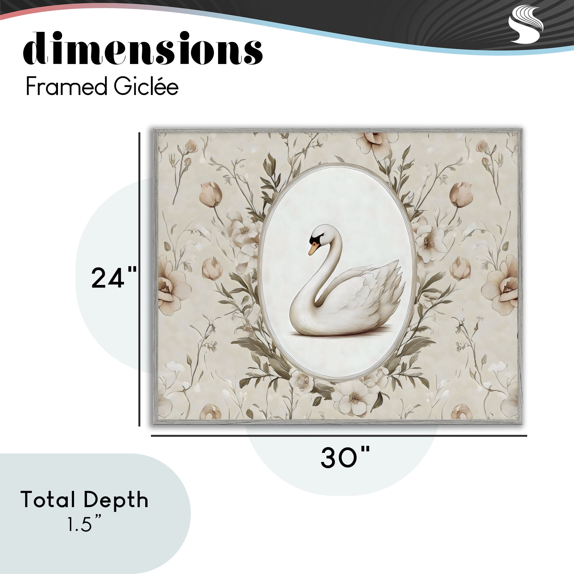 Stupell Industries Swan Vignette in Floral Border Gray Framed Giclee Art, design by Arlington Prints