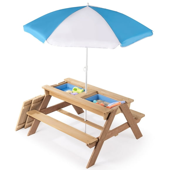 Outdoor 4 Seat Kids Picnic Table w/Umbrella Garden Yard Children Bench