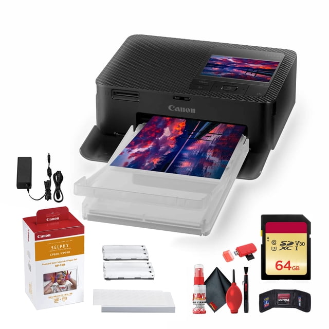 Canon SELPHY CP1500 Compact Photo Printer (Black) (5539C001) + RP-108 Color Ink and Paper Set + 64GB Memory Card + Cleaning Kit + More(International Model)
