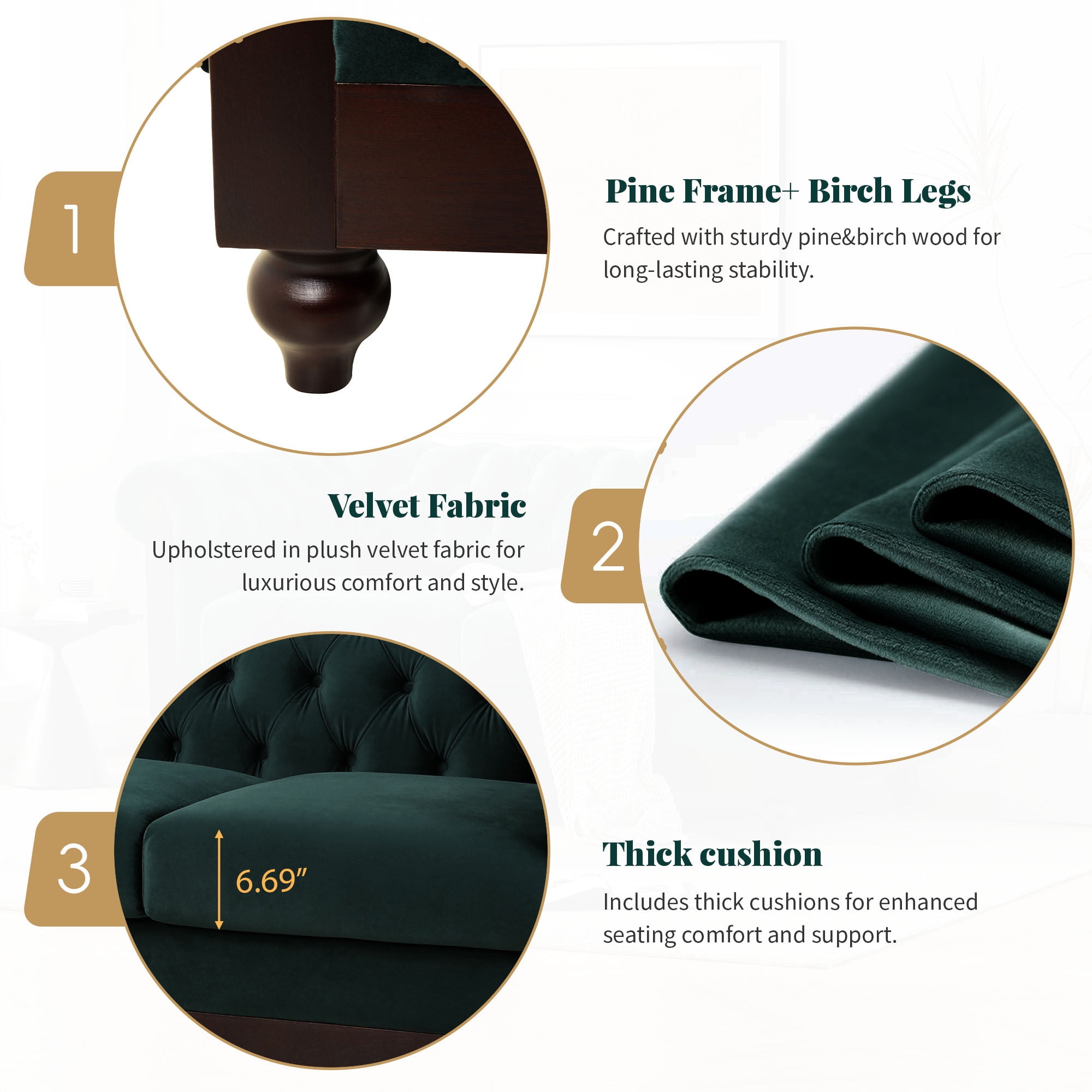 Euroco 59.44" Velvet Chesterfield Loveseat Sofa, Modern Upholstered Sofa Couch with Tufted Button Backrests and Rolled Arms,2 Seater Couch for Living Room,Bedroom, Office, Apartment,Forest Green
