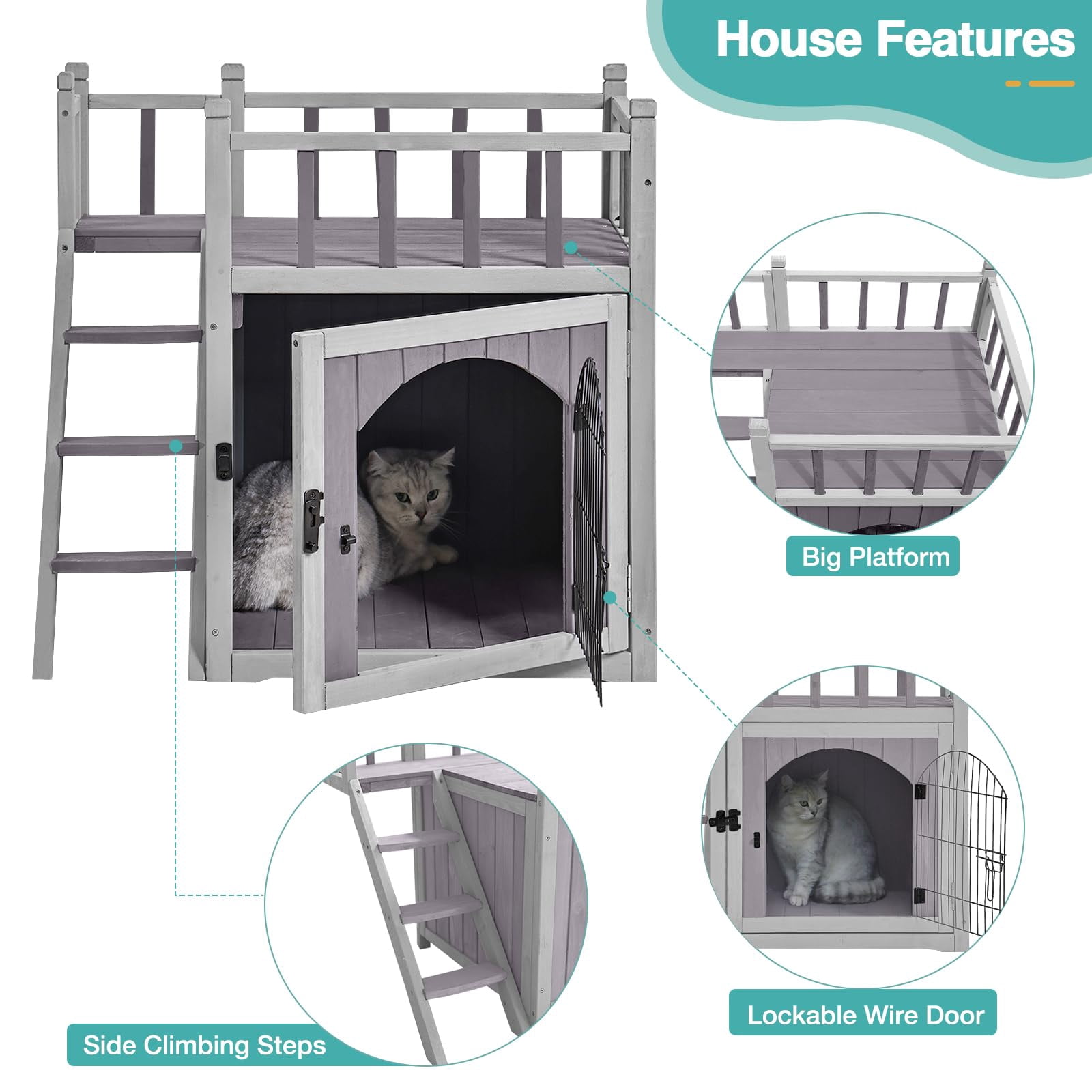 Aivituvin Wooden Cat House Outdoor Kitty Shelter Pet Houses with Stairs, 2 Storys