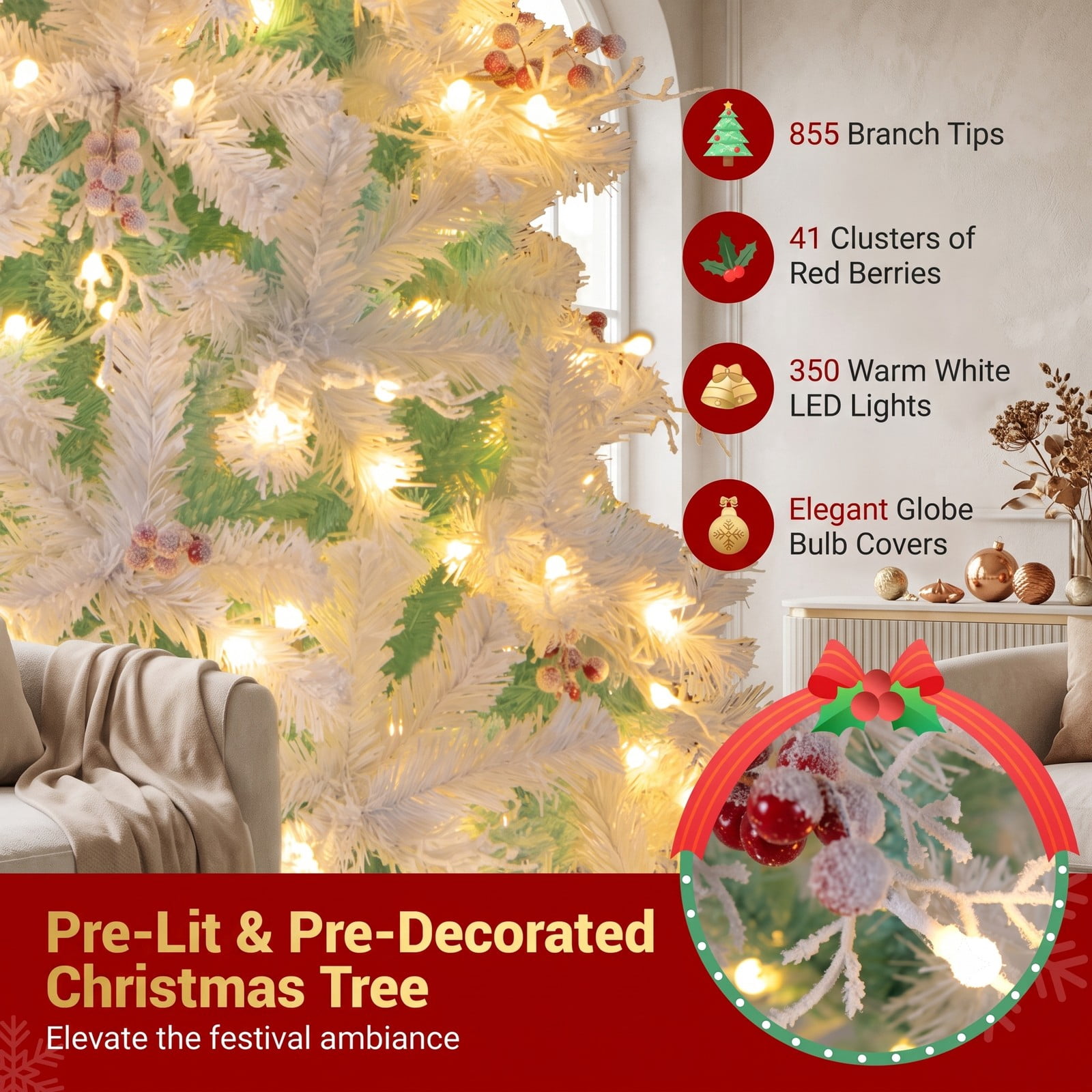 RUIE 7 FT Pre-Lit Artificial Christmas Tree with 350 Warm White LED Lights, Snow Flocked Branch Tips, Frosted Red Berries and Foldable Metal Base, White & Lake Blue