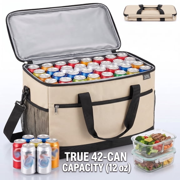 SROEDTY 30L Collapsible Soft Sided Cooler Bag, 42-Can Insulated Leakproof Ice Chest with Adjustable Shoulder Strap, Heavy Duty 600D Oxford Thermal Tote for Camping, Picnic, Beach,Yellow