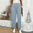 thumbnail image 2 of Tall Linen Pants Women Elastic Waist Drawstring Straight Leg Ankle Length Cropped Pants High Waisted Plus Size Travel Crop Pants Sky Blue S, 2 of 6